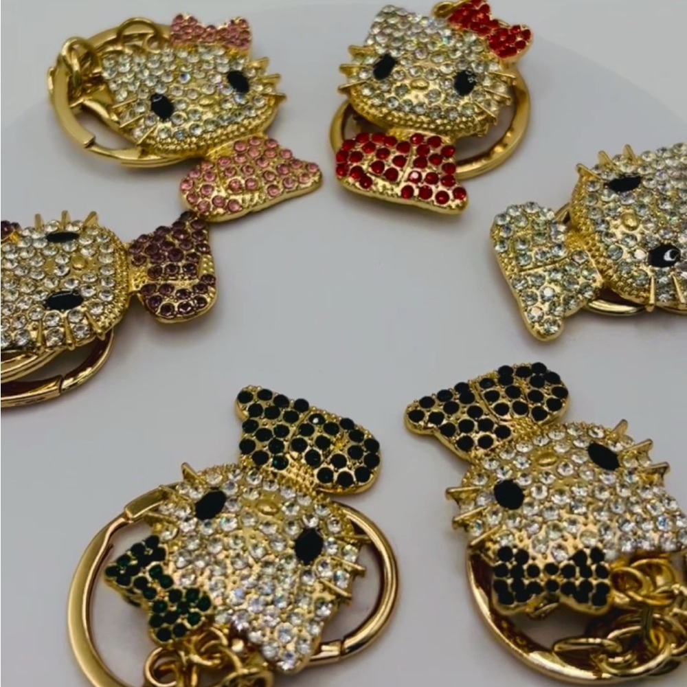 💙💚 Rhinestone Kitty Keychain | Gold Bling Charm in Multiple Colors